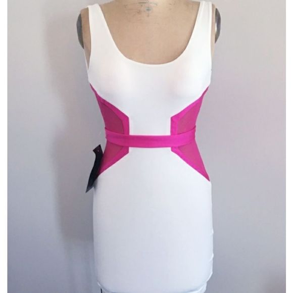 NWT ๐๐๐Bebe Neon Spandex Panel White Slim Dress Size S - Picture 3 of 16